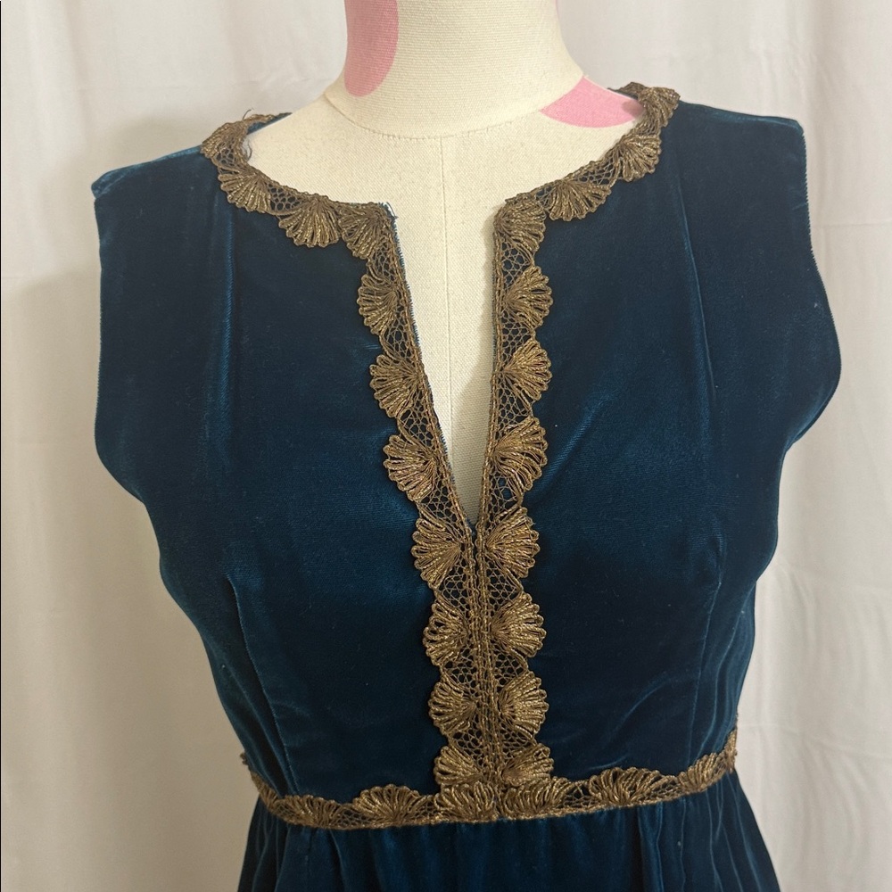 Vintage Teal Velvet Dress with Gold Trim.  X-Small READ BELOW